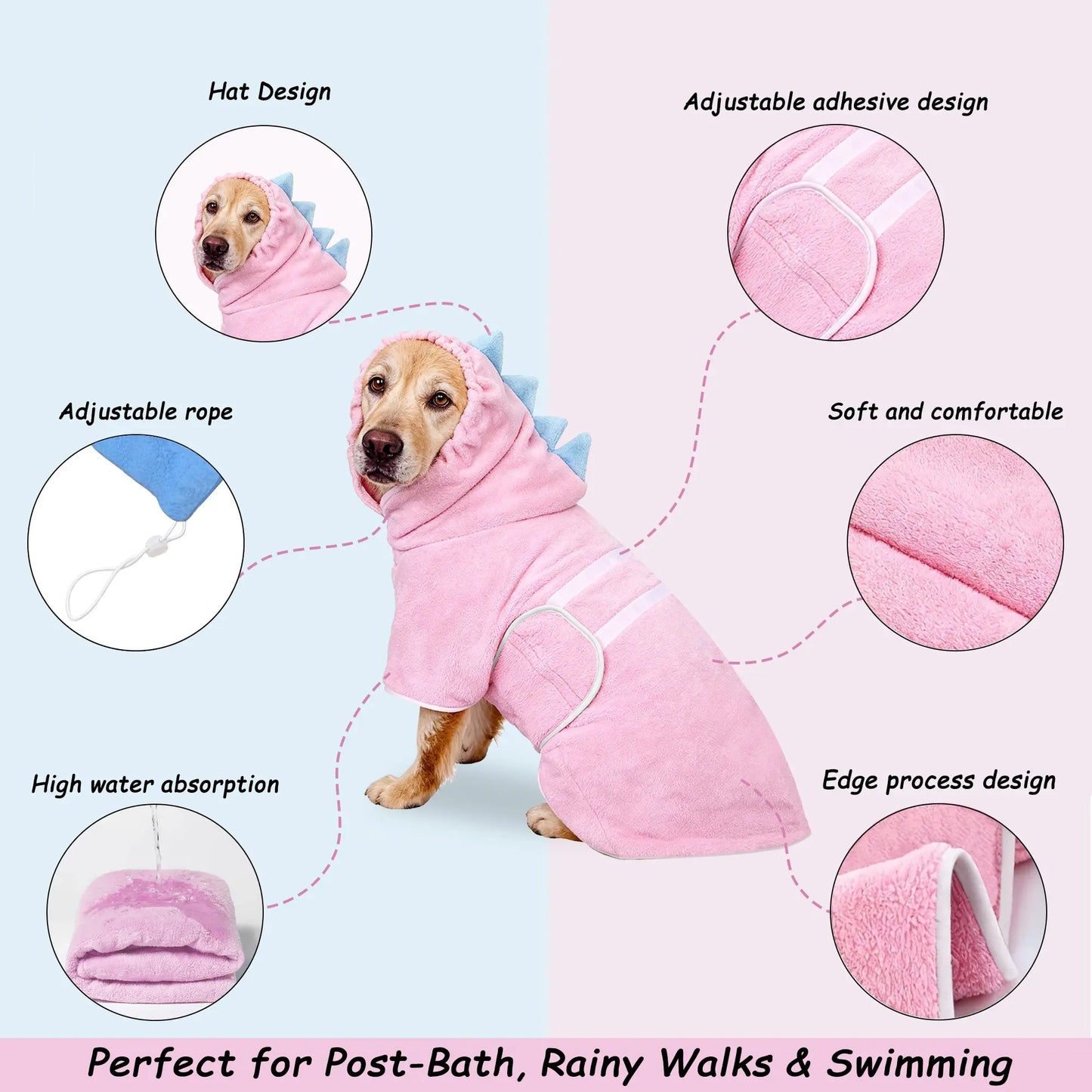 Dinosaur-Themed Pet Bathrobe, Quick-Dry and Highly Absorbent, Available in Multiple Sizes for Small to Large Dogs, Adjustable Straps, Essential Grooming Accessory