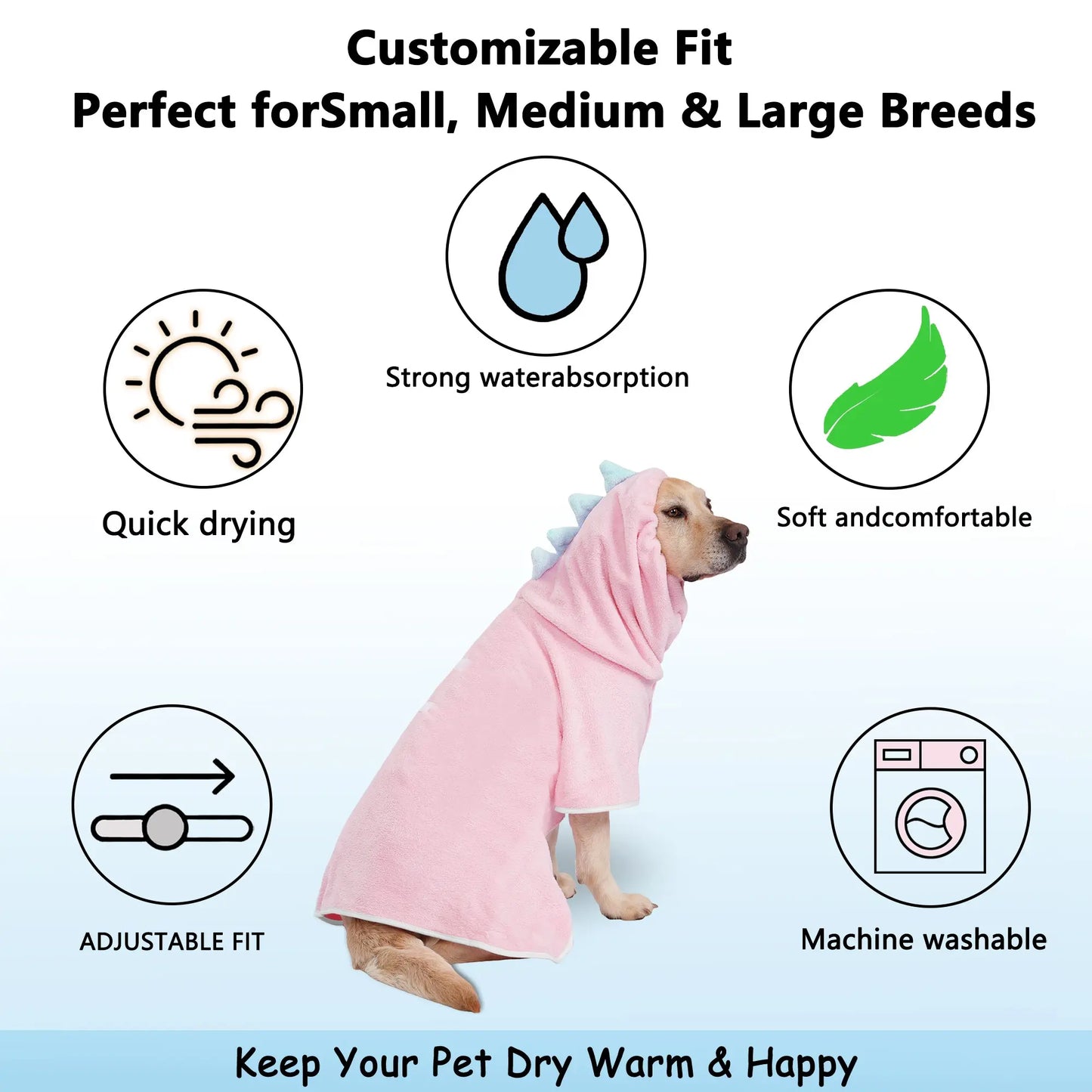 Dinosaur-Themed Pet Bathrobe, Quick-Dry and Highly Absorbent, Available in Multiple Sizes for Small to Large Dogs, Adjustable Straps, Essential Grooming Accessory