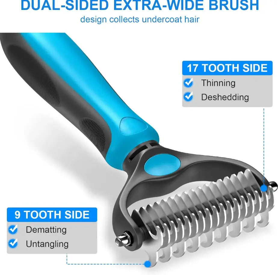 Professional Pet Grooming Brush - Double-Sided, Gentle Shedding and Dematting Undercoat Rake Comb for Dogs and Cats, Reducing Shedding and Hair Dispersal