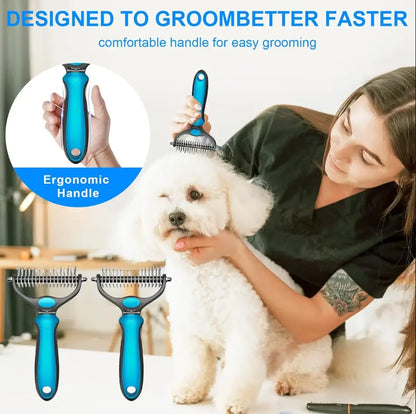 Professional Pet Grooming Brush - Double-Sided, Gentle Shedding and Dematting Undercoat Rake Comb for Dogs and Cats, Reducing Shedding and Hair Dispersal