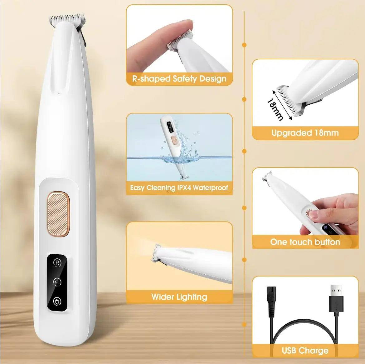 Pet Trimmer for Dogs and Cats Waterproof Shaver with LED Light 18Mm Widen Blade Multifunctional Clippers for Paws Eyes Ears Face Rump USB Rechargeable Grooming Accessories, Summervibes, Petlovers