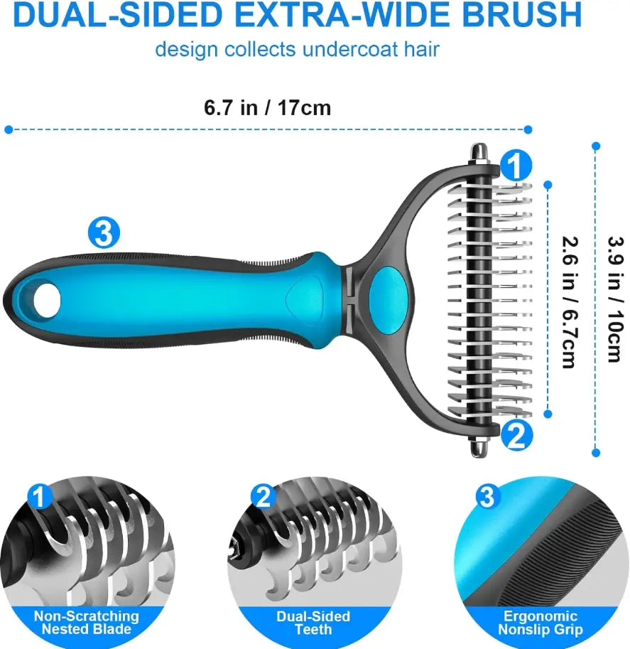 Professional Pet Grooming Brush - Double-Sided, Gentle Shedding and Dematting Undercoat Rake Comb for Dogs and Cats, Reducing Shedding and Hair Dispersal