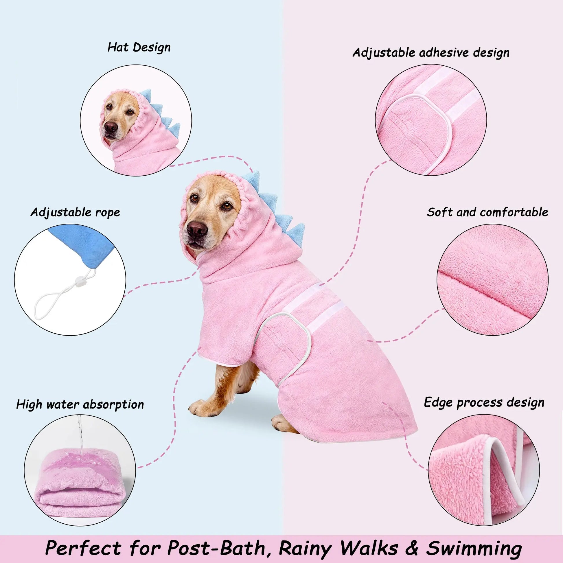 Dinosaur-Themed Pet Bathrobe, Quick-Dry and Highly Absorbent, Available in Multiple Sizes for Small to Large Dogs, Adjustable Straps, Essential Grooming Accessory