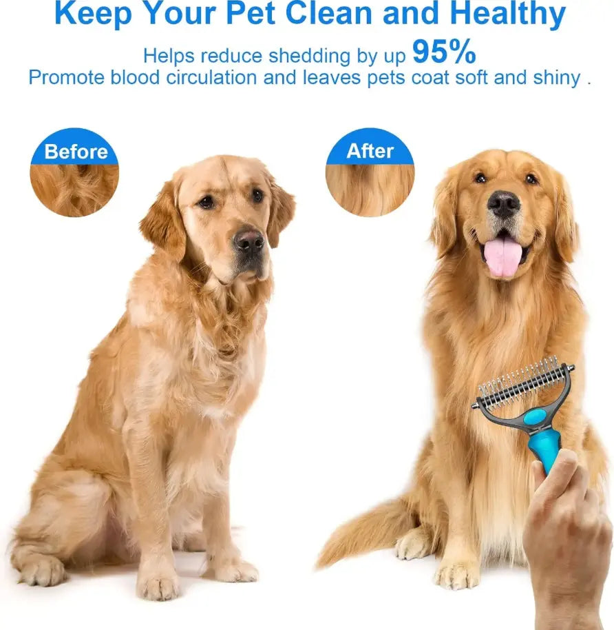 Professional Pet Grooming Brush - Double-Sided, Gentle Shedding and Dematting Undercoat Rake Comb for Dogs and Cats, Reducing Shedding and Hair Dispersal